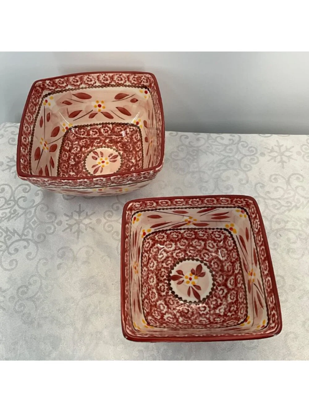 Temp-Tations Old World Square Ceramic Bowls CranberryFloral Set Of 2 Oven Safe